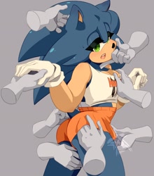 Size: 1804x2048 | Tagged: artist needed, suggestive, sonic the hedgehog, hedgehog, disembodied hand, eyelashes, femboy, gay, grey background, grope, group, hooters outfit, lidded eyes, male, males only, mouth open, simple background, solo focus, standing, sweatdrop, watermark