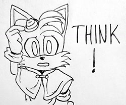 Size: 1024x853 | Tagged: safe, artist:far_sunrise, miles "tails" prower, fox, the murder of sonic the hedgehog, 2023, english text, hand on hip, hat, line art, looking at viewer, male, mouth open, poncho, solo