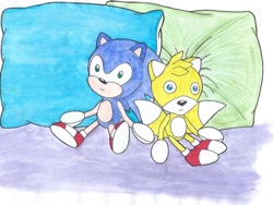 Size: 640x482 | Tagged: safe, artist:gwencarson, miles "tails" prower, sonic the hedgehog, fox, hedgehog, male, pillow, stuffed animal
