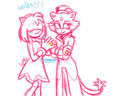 Size: 540x426 | Tagged: safe, artist:an2e77e, amy rose, blaze the cat, cat, hedgehog, 2019, amy x blaze, crossed arms, cute, eyes closed, female, females only, lesbian, ring (jewelry), shipping, sketch