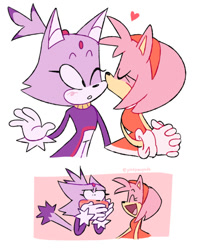 Size: 540x678 | Tagged: safe, artist:gaysilver, amy rose, blaze the cat, cat, hedgehog, 2020, amy x blaze, amy's halterneck dress, blaze's tailcoat, blushing, cute, eyes closed, female, females only, heart, kiss on cheek, lesbian, mouth open, shipping