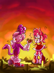 Size: 540x726 | Tagged: safe, artist:tomaturtles, amy rose, blaze the cat, cat, hedgehog, 2020, amy x blaze, amy's halterneck dress, blaze's tailcoat, blushing, bouquet, cute, exclamation mark, female, females only, lesbian, shipping