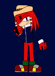 Size: 764x1046 | Tagged: safe, artist:noooonswing, knuckles the echidna, echidna, hat, jacket, male, one eye closed, purple eyes, red fur, shoes, single fingerless glove, vocaloid