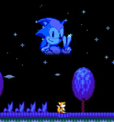 Size: 350x377 | Tagged: safe, artist:pagiepoppie12345, miles "tails" prower, sonic the hedgehog, 2023, classic sonic, classic tails, duo, implied death, looking up, nighttime, outdoors, role swap, sonic the hedgehog 2 (8bit), star (sky), tree
