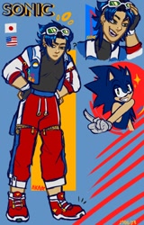 Size: 638x1000 | Tagged: safe, artist:akaamerose, sonic the hedgehog, hedgehog, human, 2023, abstract background, ace, american flag, aro ace pride, aromantic, character name, clothes, country flag, ear piercing, earring, frown, humanized, japanese flag, male, pride flag, question mark, smile, solo, sparkles, standing, sunglasses