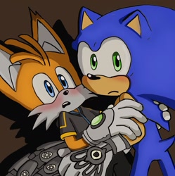 Size: 1790x1799 | Tagged: safe, artist:tailsfann1992, miles "tails" prower, nine, sonic the hedgehog, hedgehog, sonic prime, blushing, brown background, duo, duo male, frown, gay, holding each other, looking offscreen, male, males only, mouth open, nine x sonic, shadow (lighting), shipping, simple background, sonic x tails, standing, surprised