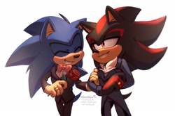 Size: 2048x1364 | Tagged: safe, artist:himitsu_png, shadow the hedgehog, sonic the hedgehog, hedgehog, 2023, bowtie, clothes, duo, eyes closed, flower, gay, gloves off, holding something, lidded eyes, linking arms, looking at them, male, males only, rose, shadow x sonic, shipping, simple background, smile, standing, wedding, wedding ring, wedding suit, white background
