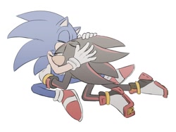 Size: 1200x900 | Tagged: safe, artist:clgz_sonic, shadow the hedgehog, sonic the hedgehog, hedgehog, 2023, duo, eyes closed, floppy ears, frown, gay, holding each other, hugging, lidded eyes, male, males only, shadow x sonic, shipping, simple background, sitting, white background