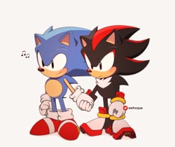 Size: 1516x1273 | Tagged: safe, artist:awhxque, shadow the hedgehog, sonic the hedgehog, hedgehog, 2023, blushing, classic shadow, classic sonic, cute, duo, frown, gay, grey background, holding hands, looking offscreen, musical notes, shadow x sonic, shadowbetes, shipping, simple background, smile, sonabetes, standing