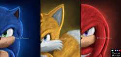 Size: 4500x2100 | Tagged: safe, artist:jocelynminions, knuckles the echidna, miles "tails" prower, sonic the hedgehog, echidna, fox, hedgehog, male, movie style, team sonic