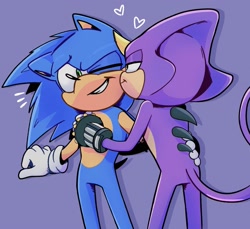 Size: 2048x1875 | Tagged: safe, artist:iam_crisi, espio the chameleon, sonic the hedgehog, hedgehog, 2023, chameleon, duo, duo male, gay, heart, holding each other, kiss on cheek, lidded eyes, looking at each other, male, males only, one eye closed, purple background, shipping, simple background, smile, sonespio, standing
