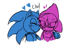 Size: 1242x803 | Tagged: safe, artist:facelessmasks, espio the chameleon, sonic the hedgehog, 2023, arm around shoulders, blushing, bust, chu, duo, eyes closed, frown, gay, kiss on cheek, monochrome, sfx, shipping, simple background, sonespio, white background