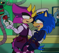 Size: 760x690 | Tagged: safe, artist:queenionxiv, espio the chameleon, sonic the hedgehog, the murder of sonic the hedgehog, 2023, abstract background, blood, blushing, duo, flower, gay, holding something, looking at each other, ms paint, rose, shipping, smile, sonespio, sweatdrop, wagging tail