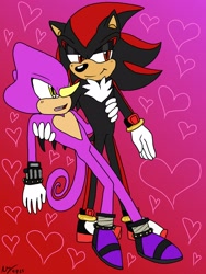 Size: 1200x1600 | Tagged: safe, artist:nechojak, espio the chameleon, shadow the hedgehog, hedgehog, 2023, blushing, chameleon, duo, duo male, gay, heart, holding them, lidded eyes, looking offscreen, male, males only, mouth open, shadpio, shipping, smile, standing