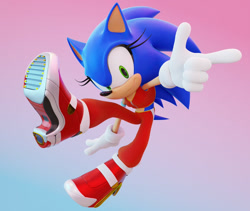 Size: 1200x1013 | Tagged: safe, artist:ladylunanova, sonic the hedgehog, hedgehog, 3d, clothes, eyelashes, female, gradient background, looking at viewer, mid-air, mod, pointing, smile, soap shoes, solo, trans female, transgender
