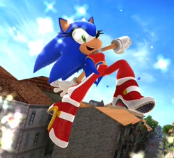Size: 2048x1859 | Tagged: safe, artist:ladylunanova, sonic the hedgehog, hedgehog, 2022, 3d, abstract background, clothes, eyelashes, female, mid-air, mod, posing, rooftop run, smile, solo, sonic generations, sparkles, trans female, transgender