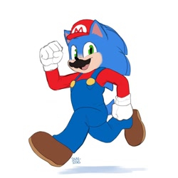 Size: 1080x1080 | Tagged: safe, artist:solar socks, sonic the hedgehog, hedgehog, blue fur, cap, cosplay, gloves, green eyes, male, mario, mustache, overalls, shirt, shoes, super mario bros.