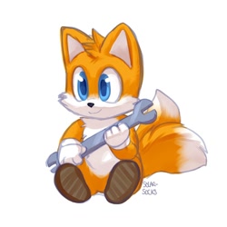Size: 1080x1080 | Tagged: safe, artist:solar socks, miles "tails" prower, fox, blue eyes, gloves, male, movie style, orange fur, shoes, wrench
