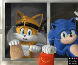 Size: 975x819 | Tagged: safe, artist:jocelynminions, miles "tails" prower, sonic the hedgehog, fox, hedgehog, male, mcdonalds, movie style