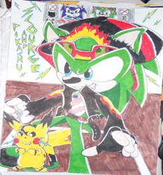 Size: 671x719 | Tagged: safe, artist:4sonicfan, scourge the hedgehog, sonic the hedgehog, hedgehog, belt, blue eyes, blue fur, cap, crossover, fingerless gloves, glasses, glasses on head, gloves, green eyes, green fur, jacket, male, pikachu, pokeball, pokemon, scars, shoes, sunglasses