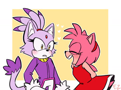 Size: 1280x949 | Tagged: safe, artist:looneyfrechie, amy rose, blaze the cat, cat, hedgehog, 2019, amy x blaze, amy's halterneck dress, blaze's tailcoat, blushing, cute, eyes closed, female, females only, hearts, lesbian, mouth open, shipping
