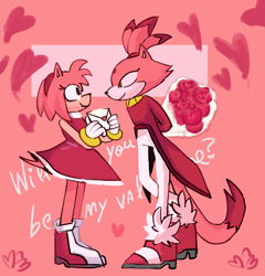 Size: 1280x1331 | Tagged: safe, artist:average-maria, amy rose, blaze the cat, cat, hedgehog, 2023, amy x blaze, amy's halterneck dress, blaze's tailcoat, bouquet, cute, english text, female, females only, hearts, lesbian, letter, looking at each other, shipping, valentine's day