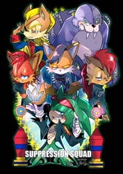 Size: 848x1200 | Tagged: safe, artist:renti, alicia acorn, fiona fox, miles (anti-mobius), scourge the hedgehog, boomer walrus, patch d'coolette