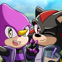 Size: 2048x2048 | Tagged: safe, artist:xxleahencexx, espio the chameleon, shadow the hedgehog, abstract background, cup, cute, daytime, drink, duo, duo male, fingerless gloves, gay, holding something, looking at camera, male, males only, outdoors, selfie, shadpio, shipping, smile, v sign, wink