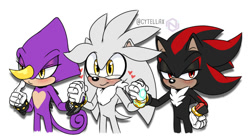 Size: 864x474 | Tagged: safe, artist:novacy05, espio the chameleon, shadow the hedgehog, silver the hedgehog, blushing, cute, espibetes, frown, gay, heart, holding hands, looking offscreen, male, males only, polyamory, pout, shadilvio, shadow x silver, shadowbetes, shipping, silvabetes, silvio, simple background, smile, standing, trio, trio male, watermark, white background