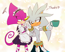 Size: 1000x800 | Tagged: safe, artist:icym24, espio the chameleon, silver the hedgehog, abstract background, arms folded, blushing, crossdressing, dialogue, duo, duo male, english text, femboy, gay, heart, lidded eyes, looking at each other, maid outfit, male, males only, mug, shipping, silvio, standing, tea, walking