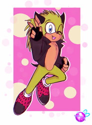 Size: 540x728 | Tagged: artist needed, safe, oc, oc:durian the quilladillo, blue eyes, fingerless gloves, gloves, green fur, jacket, male, one eye closed, quilladillo, shoes, socks