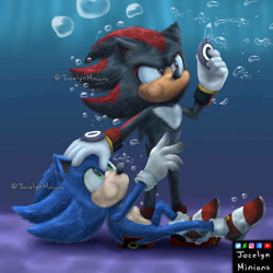 Size: 894x894 | Tagged: safe, artist:jocelynminions, shadow the hedgehog, sonic the hedgehog, hedgehog, sonic prime, black fur, blue fur, gloves, green eyes, male, movie style, red eyes, red fur, redraw, shoes, socks