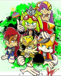 Size: 1080x1354 | Tagged: safe, artist:4sonicfan, alicia acorn, miles (anti-mobius), scourge the hedgehog, birthday, boomer walrus, group, patch d'coolette