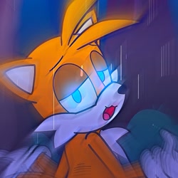 Size: 1125x1125 | Tagged: safe, miles "tails" prower, fox, edit, glowing eyes, icon, lidded eyes, looking back at viewer, male, motion blur, rain, screenshot, solo, there's something about amy
