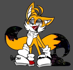 Size: 1485x1426 | Tagged: safe, artist:nomdome, miles "tails" prower, fox, black blood, black tipped tail, blood, glitch, grey background, liquid, male, mouth open, signature, simple background, solo, standing