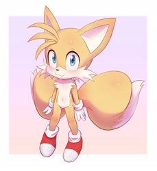 Size: 1872x2048 | Tagged: safe, artist:pappe76024, miles "tails" prower, fox, 2022, :3, blushing, blushing stomach, border, cute, gradient background, looking up at viewer, male, smile, solo, standing, tailabetes