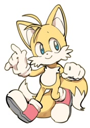 Size: 848x1200 | Tagged: artist needed, source needed, safe, miles "tails" prower, fox, clenched fist, cute, devil horns (gesture), horn sign, looking offscreen, male, simple background, smile, solo, tailabetes, walking, white background