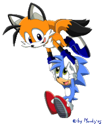 Size: 700x848 | Tagged: dead source, safe, artist:montyth, oc, oc:monty the hedgehog, oc:tony the fox, fox, hedgehog, animated, black fur, blue eyes, blue fur, carrying them, child, duo, duo male, flying, green fur, holding hands, looking at each other, male, males only, mouth open, orange fur, signature, simple background, smile, sonic x, spinning tails, transparent background
