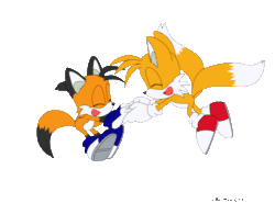 Size: 1000x739 | Tagged: safe, artist:montyth, miles "tails" prower, oc, oc:tony the fox, fox, animated, duo, duo male, eyes closed, flying, holding hands, holding something, male, males only, mouth open, simple background, smile, spinning, spinning tails, transparent background