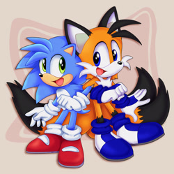 Size: 2700x2687 | Tagged: safe, artist:montyth, oc, oc:monty the hedgehog, oc:tony the fox, fox, hedgehog, 2023, abstract background, black fur, blue eyes, blue fur, blue shoes, blue socks, child, duo, duo male, gloves, green eyes, looking at each other, male, males only, mouth open, orange fur, red shoes, shoes, smile, socks, standing