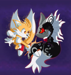 Size: 3900x4091 | Tagged: safe, artist:montyth, infinite the jackal, miles "tails" prower, super tails, fox, jackal, sonic forces, 2023, abstract background, commission, duo, fight, flying, frown, kicking, looking at each other, super form