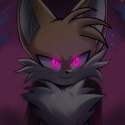 Size: 2048x2048 | Tagged: safe, ai art, artist:mobians.ai, miles "tails" prower, fox, chest fluff, dark, glowing eyes, looking ahead, male, older, pink eyes, prompter:taeko, smile, solo, standing, yandere