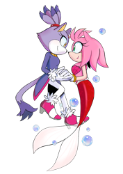 Size: 904x1280 | Tagged: safe, artist:lightpinkhibiscus, amy rose, blaze the cat, cat, hedgehog, 2018, amy x blaze, blaze's tailcoat, cute, female, females only, holding hands, lesbian, looking at each other, mermaid, shipping