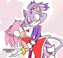 Size: 1500x1400 | Tagged: safe, artist:karmin-dey, amy rose, blaze the cat, cat, hedgehog, 2020, amy x blaze, amy's halterneck dress, blaze's tailcoat, blushing, cute, female, females only, hands on back, heart, holding them, lesbian, looking at each other, one eye closed, shipping