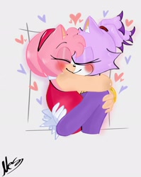 Size: 1633x2048 | Tagged: safe, artist:nessquiks, amy rose, blaze the cat, cat, hedgehog, 2023, amy x blaze, amy's halterneck dress, blaze's tailcoat, blushing, cute, female, females only, hands on back, hearts, hugging, kiss, lesbian, shipping