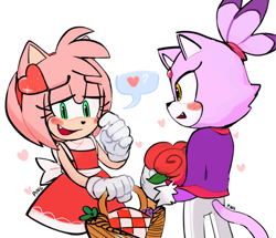 Size: 540x465 | Tagged: safe, artist:warpring, amy rose, blaze the cat, cat, hedgehog, 2021, amy x blaze, blushing, bouquet, cute, female, females only, hearts, lesbian, looking at them, picnic basket, shipping, valentine's day
