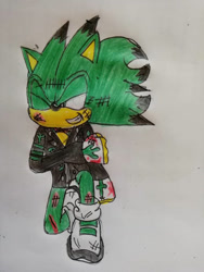 Size: 600x800 | Tagged: safe, artist:theoneandonlycactus, oc, oc:cactus the hedgehog, hedgehog, fingerless gloves, gloves, green eyes, green fur, injured, jacket, male, one eye closed, scratch (injury), shoes, socks, traditional media