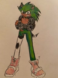 Size: 540x720 | Tagged: artist needed, safe, oc, oc:durian the quilladillo, asymmetrical legwear, blue eyes, fingerless gloves, gloves, green fur, heterochromia, jacket, male, quilladillo, red eyes, shoes, single thighhigh, traditional media