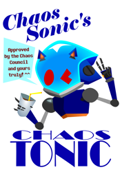 Size: 794x1123 | Tagged: safe, artist:jupitercl0uds, sonic prime s2, ^^, bust, chaos sonic, character name, cup, dialogue, drink, english text, holding something, lineless, looking at viewer, robot, simple background, solo, speech bubble, straw, v sign, white background, wink