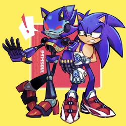 Size: 1921x1931 | Tagged: safe, artist:9474s0ul, sonic the hedgehog, hedgehog, sonic prime s2, abstract background, annoyed, arm rest, chaos sonic, clenched teeth, duo, exclamation mark, leaning on them, lidded eyes, robot, standing, wink
